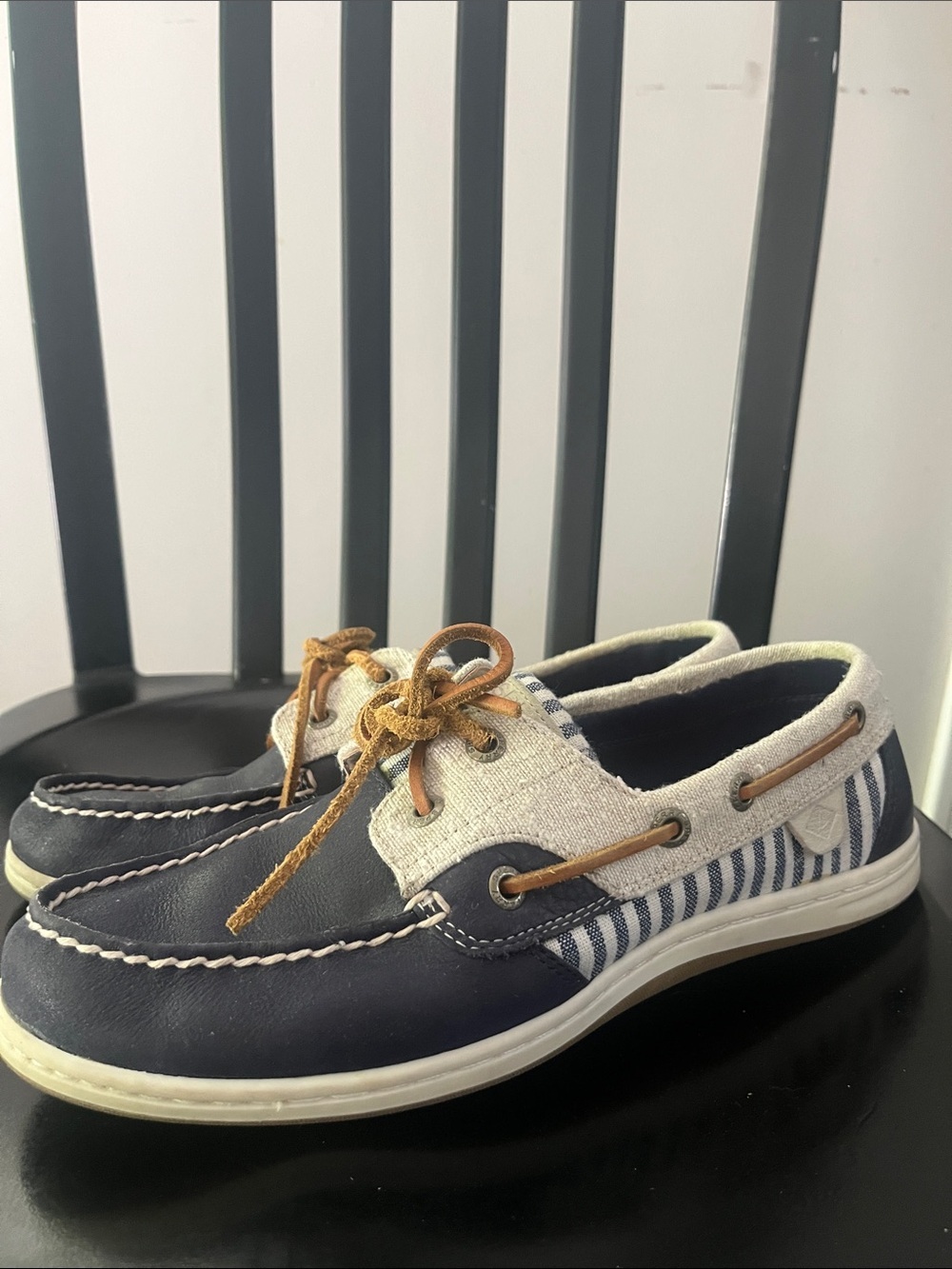 Sperry Boat Shoes Leather Loafers Nautical Striped Casual Blue Beige 8M